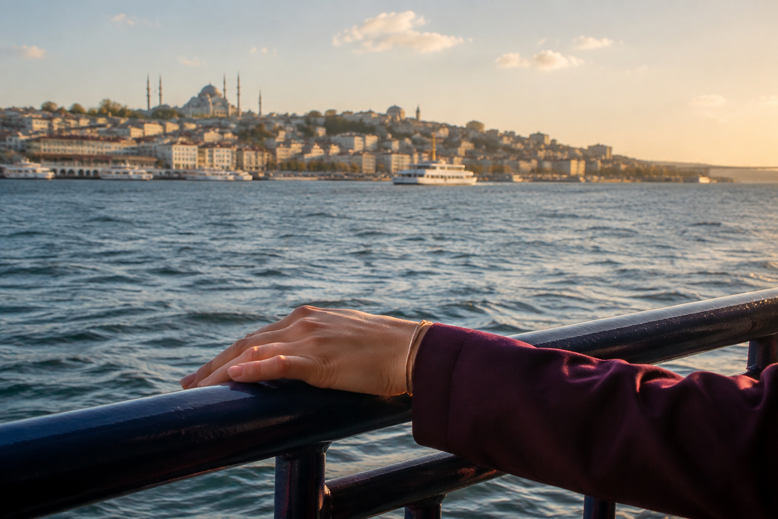 Golden sunlight across the Bosphorus from a ferry