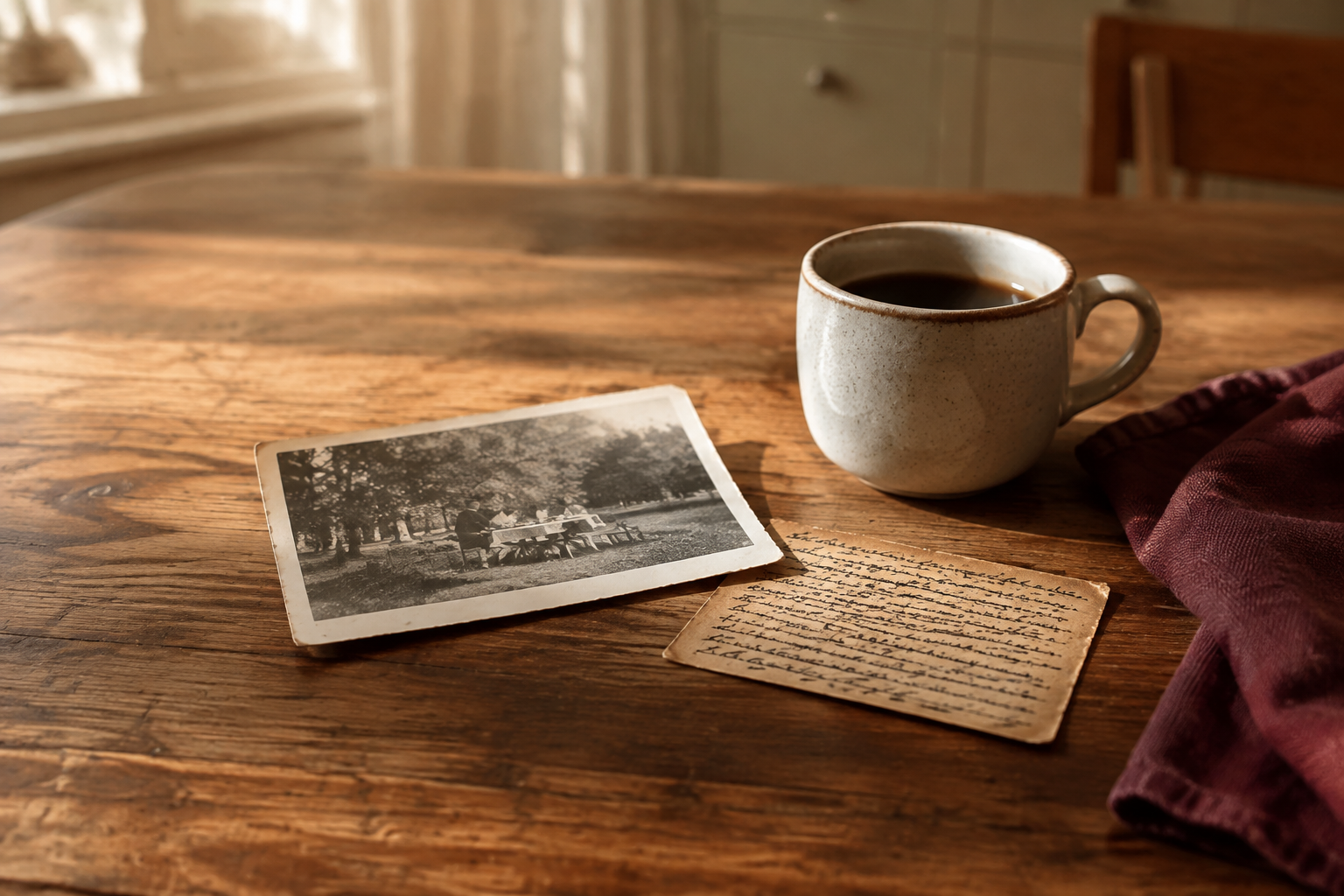 A family photograph and familiar objects on a sunlit table